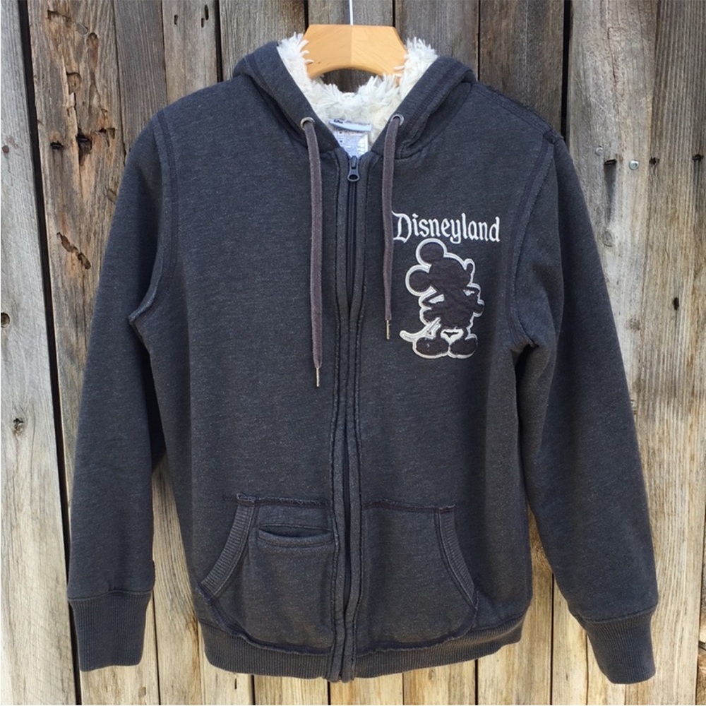 Disney Parks Disneyland Zip Front Hoodie Sweatshirt Faux Fur Gray M
